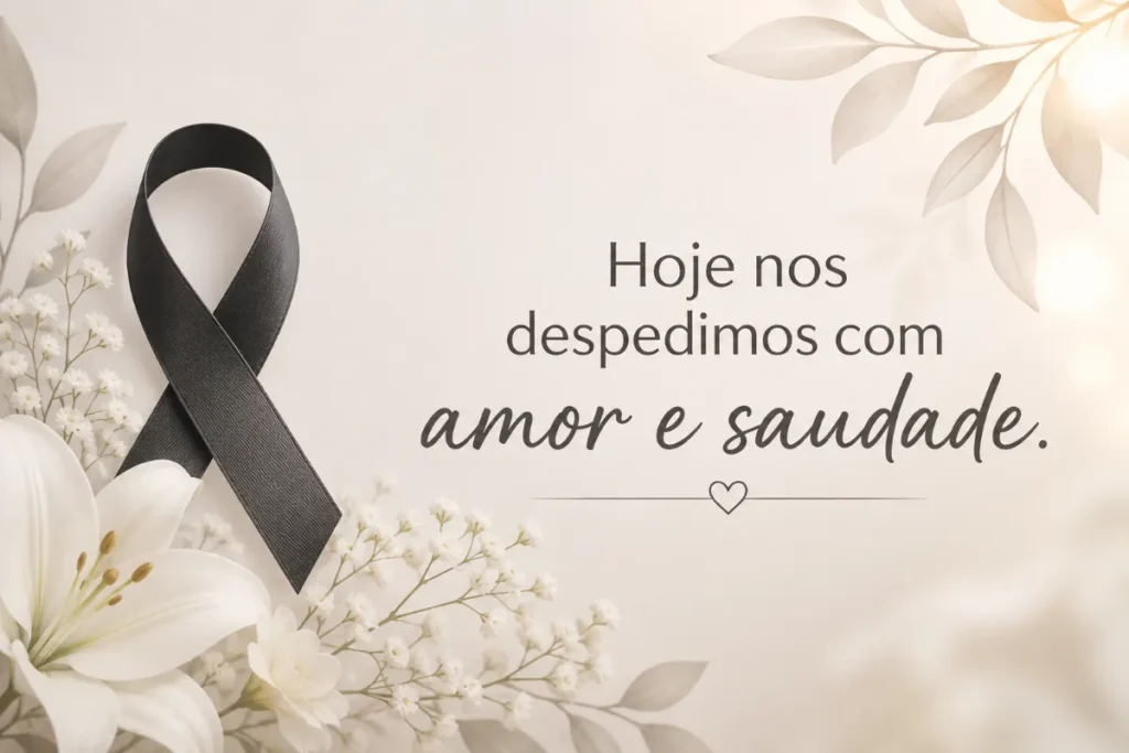 Frase de luto com laço preto e flores brancas
