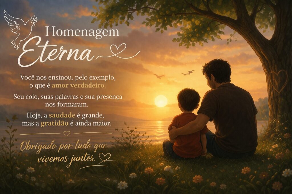 homenagem póstuma ao pai com pôr do sol e filho