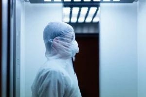 Profissional especializado usando EPI completo — máscara, óculos de proteção e traje branco — em um ambiente interno iluminado, ilustrando o trabalho técnico de preparação do corpo e as exigências de biossegurança do serviço.