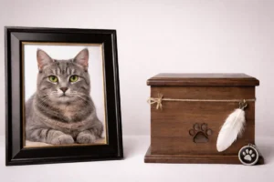 Porta-retrato com foto de um gato ao lado de uma urna de madeira