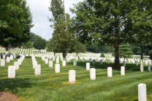 Cemitério memorial com lápides distribuídas em uma ampla área verde arborizada